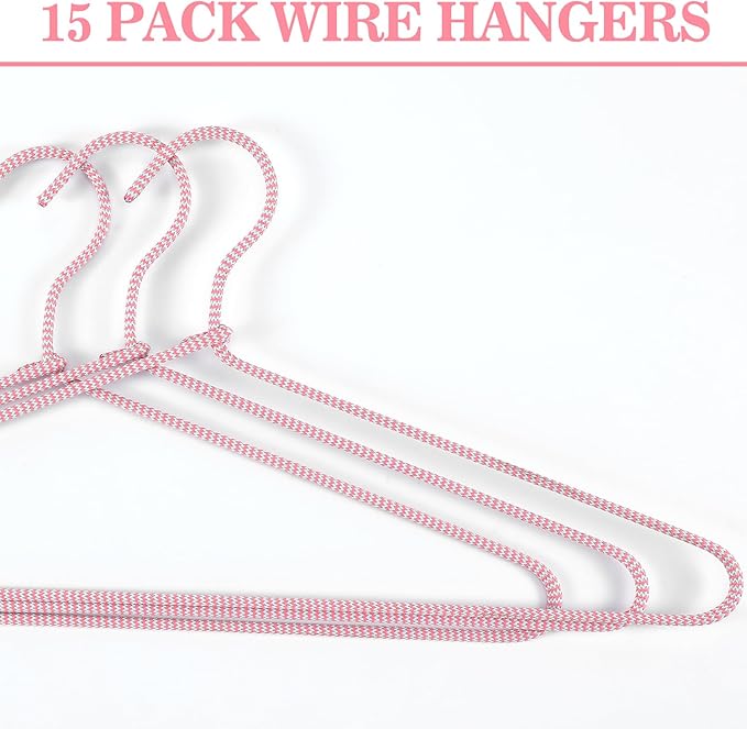 15 Pcs Fabric Wrapped Metal Hangers Covered Wire Hanger Metal Coat Hangers Non Slip for Clothes Closet Clothing Suit Shirt Pant (Pink and Grey Stripes)
