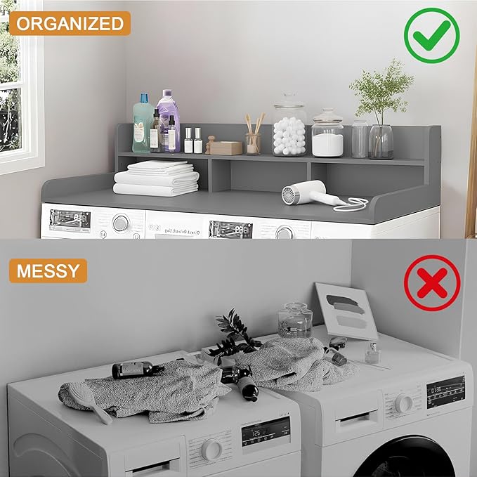 Washer Dryer Countertop with Shelf, 2-Tier Laundry Countertop Over Washer and Dryer, 54" x 27.55" Wooden Table for Folding Clothes for Laundry Room Organization and Storage (Gray)