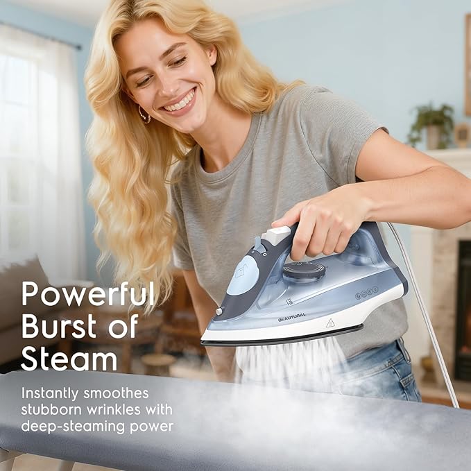BEAUTURAL Compact Steam Iron for Clothes, Non-Stick Soleplate, Burst of Steam, Spray Mist, Self-Cleaning, Anti-Calcium, Anti-Drip, Easy Temperature Control, Light Weight, 1200 Watts