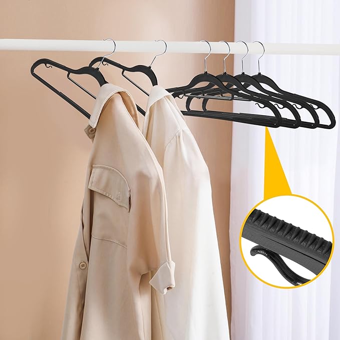 Quality Clothes Set 200 Pack - Non-Velvet Plastic for Clothes - Heavy Duty Coat Set - Space-Saving Closet with Black Swivel Hooks - Functional Non-Flocked