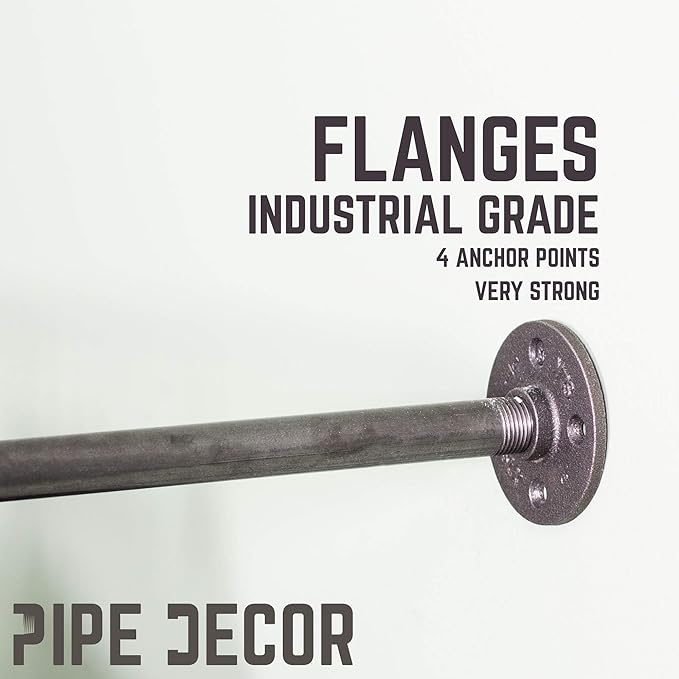 PIPE DECOR Industrial Pipe Wall Mounted Clothing Rack, Commercial or Residential Wardrobe Clothes Display, Heavy Duty Rustic Vintage Steel Grey Black Metal Garment Bracket Frame, Tri Flange Style