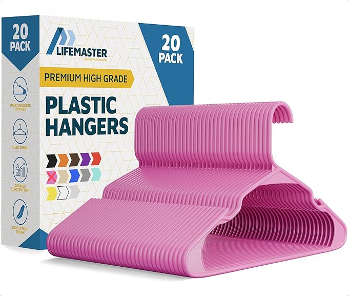 Lifemaster Plastic Clothes Hangers – Heavy Duty Hanger Set, for Organizing Clothes, Dresses, and Coat, Holds Up to 5 lbs, Space-Saving Hangers with Non-Slip Shoulder Grooves, Pack of 20, Pink