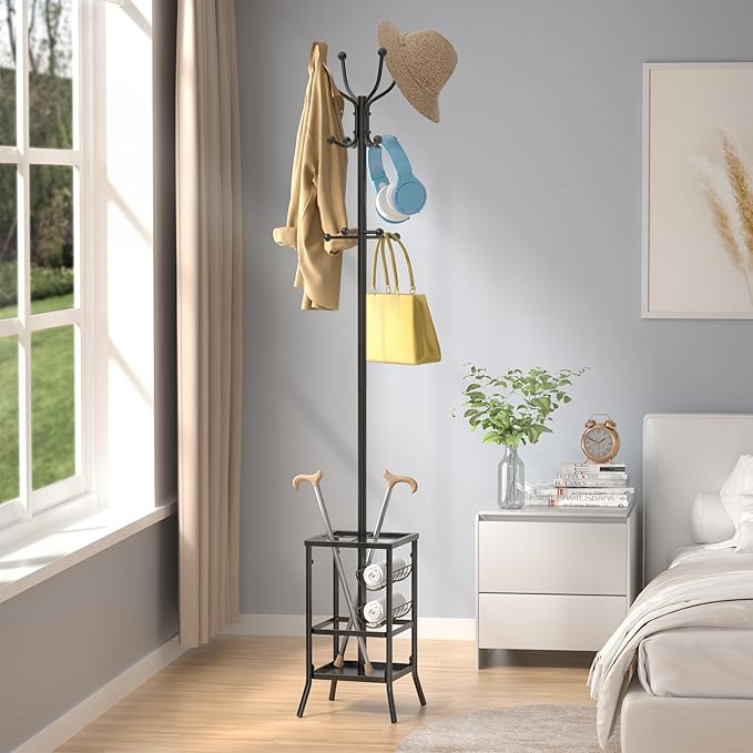 Chiozza Coat Rack Freestanding, Metal Coat Tree with Umbrella Holder, Coat Hanger Stand with 12 Hooks, Standing Coat Rack Stand for Entryway Living Room Bedroom Office