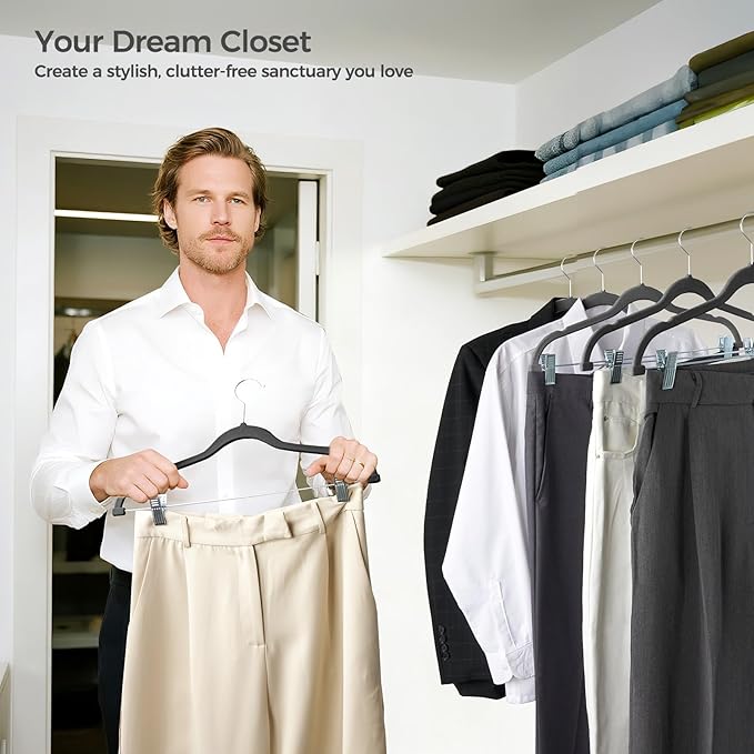 HOUSE DAY Velvet Hangers with Adjustable Clips 10 Pack, Non-Slip Suit Organizer with 360° Hook - Heavy Duty Hanger for Pants, Skirts, Blouses, Dresses - Outfit Hangers All-Season Space Saver (Black)