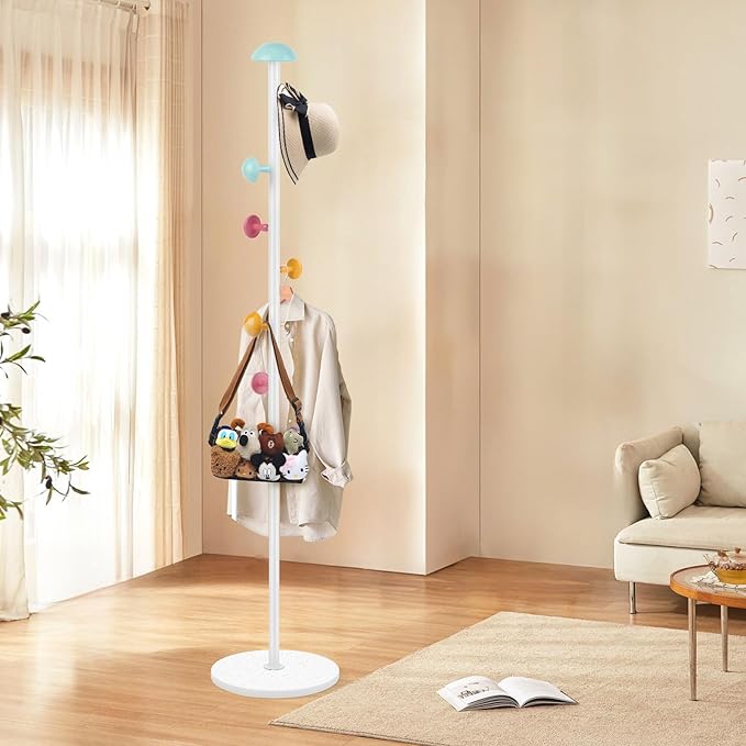 Mushroom Coat Rack, Metal Coat Tree Stand with 7 Hooks and 2 Adjustable Height, Coat Rack Freestanding, Easy to Assemble Coat Tree Stand Clothes Hanger for Entryway, Hallway, Bedroom, White