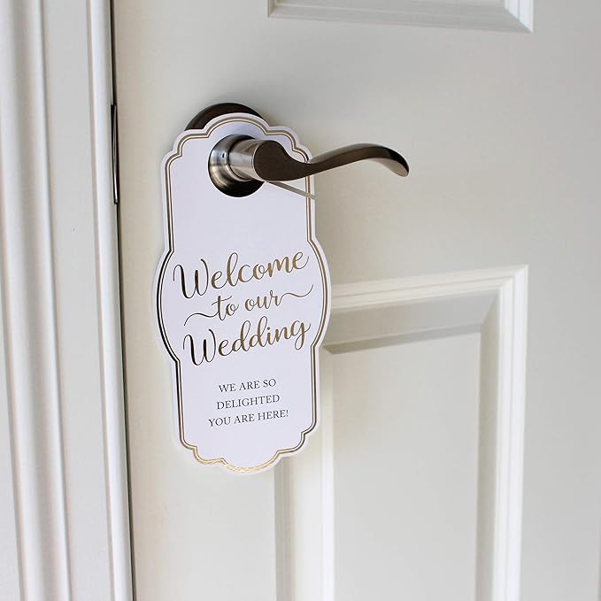 Lillian Rose White and Gold Wedding Door Hangers for Bride, Groom, and Guests