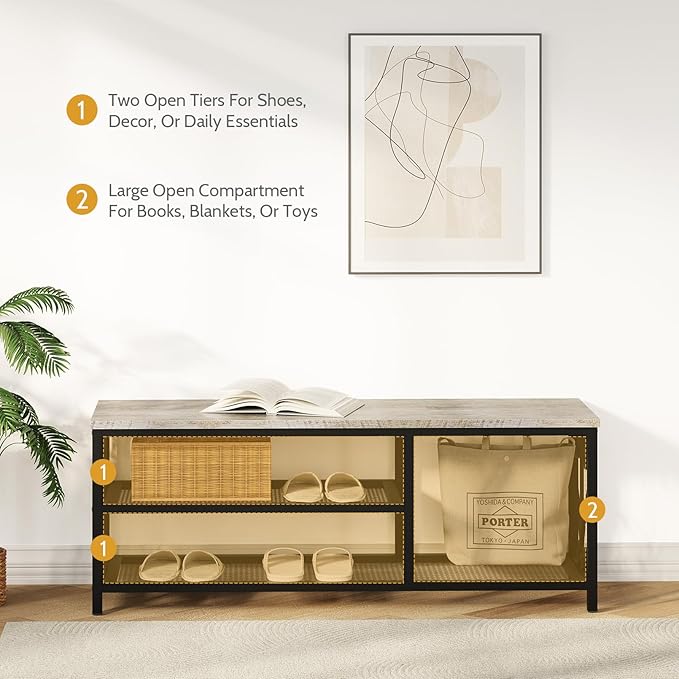 Entryway Storage Bench with Shoe Rack, 47.2" Wide Hallway Bench with Seating, Rustic Wood Top & Metal Frame, 2-Tier Shoe Organizer for Entryway, Bedroom, or Living Room, Weathered Wood