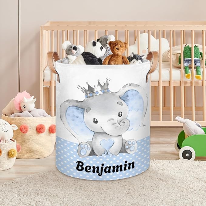 Personalized Laundry Basket, Custom Gift Laundry Hamper, Collapsible Nursery Waterproof Laundry Baskets, Dirty Clothes Toy Hamper with Handles Prince Elephant Dot