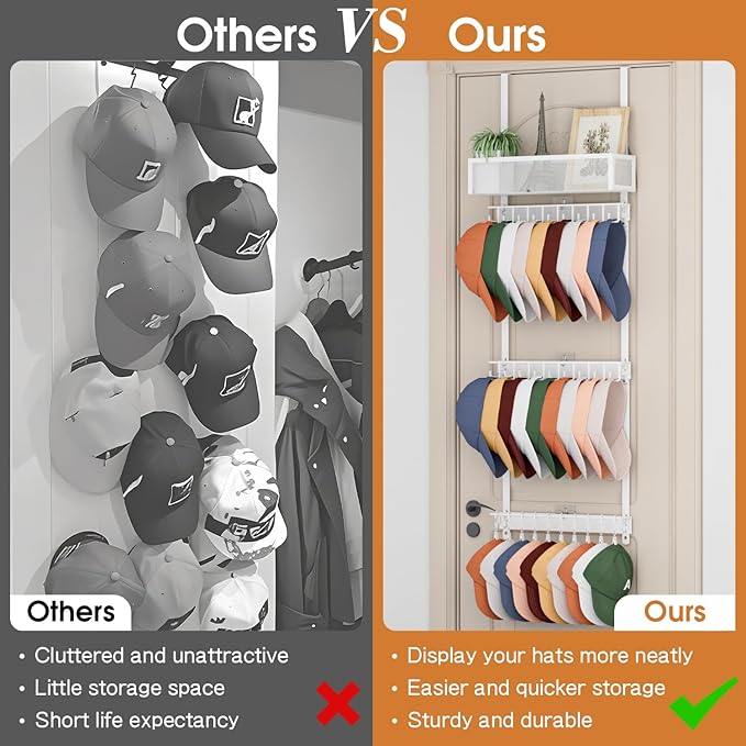 3 Tier Over Door Hat Rack with Basket - Hat Organizer Holder for Baseball Cap with 18 Hooks and 10 Movable Clips,Hat Hanger Storage Holds up to 28+ Caps for Door, Bedroom, Closet (White)