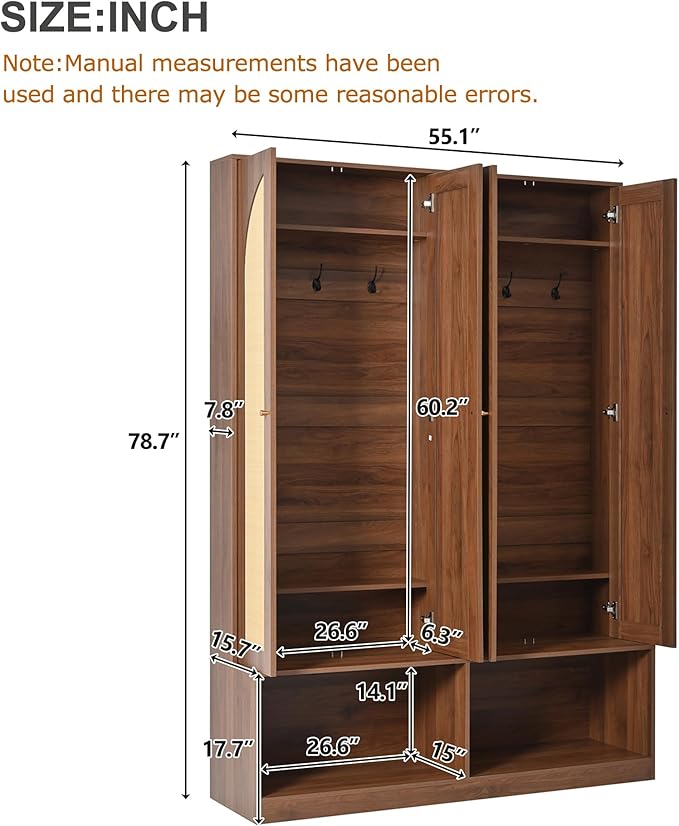 Bohemian Farmhouse Widen Hall Tree with 4 Rattan Doors, Versatile 4-in-1 Hall Tree, Mid-Century Entryway Shoe Cabinet with Adjustable Shelf and 6 Hooks, Seating Bench for Living Room
