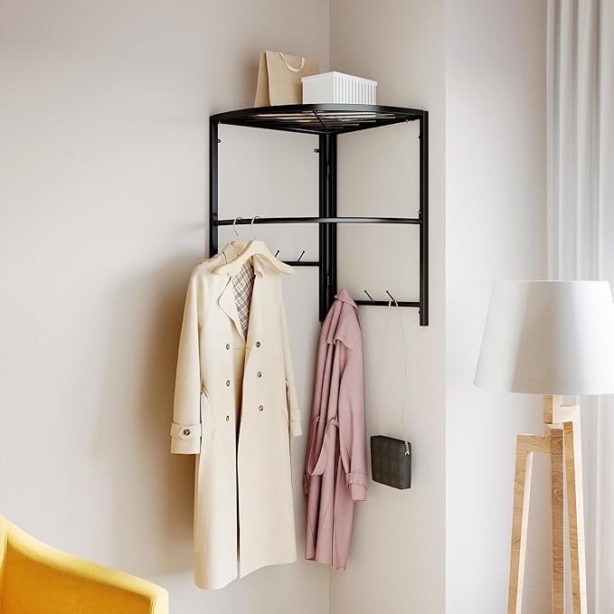 Cinnabar Corner Clothes Rack with Shelf, Adjustable Hanging Wardrobe Closet Organizer for Bedroom Living Room (black)