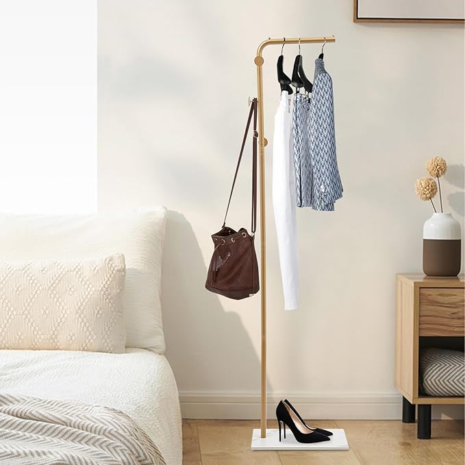67in-Gold Clothing Rack with Storage Base and Hooks, Freestanding Coat Rack Hanging Clothes, Bags, Hat and Shoes for Entryway Bedroom Garment Organizer Clothing Stores Boutique Retail