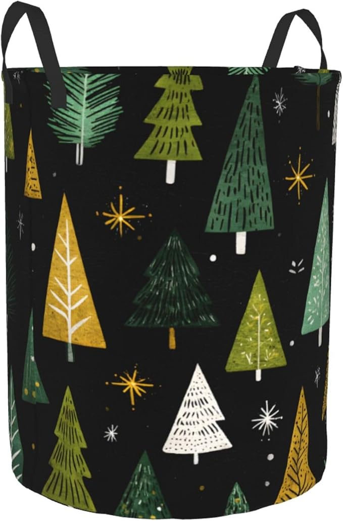 Christmas Tree Pattern Laundry Hamper, Collapsible Storage Basket with Handles for Clothes, Bedroom, Bathroom 19.6 x15.7 Inch