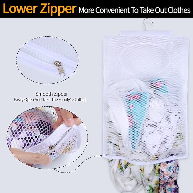 Breathable Mesh Laundry Hamper, Bringing Hooks Foldable Hanging Shower Caddy, Fast Drying Portable Space Saving Storage Bag, Applied to College Dorm Rooms, Gym, Swimming and RV Travel (White)