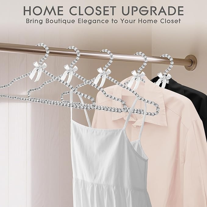 Beaded Clothes Hangers with Satin Bow – Set of 5, 15.7" Non-Slip Bead Hangers for Wedding Dresses, Boutique Display & Closet Decor - Gentle Gray