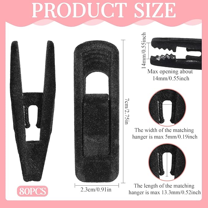 Black Velvet Hangers Clips, 80 Pack Strong Finger Clips Velvet Pants Hanger Velvets Clip Skirt Hanger Clip for Thin Velvets Clothes Suit Hangers