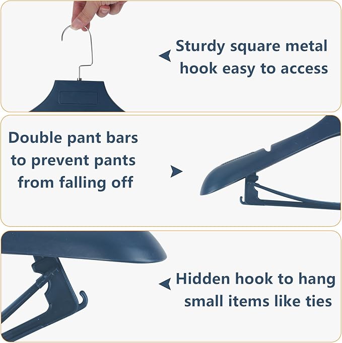 DEDU Plastic Extra Wide Shoulder Suit Hangers for Men 10 Pack Width 17.7", Blue Sweater Hangers no Shoulder Bump Non Slip for Thick Sweaters, Clothes Hangers with Pants Bar & Metal Hook