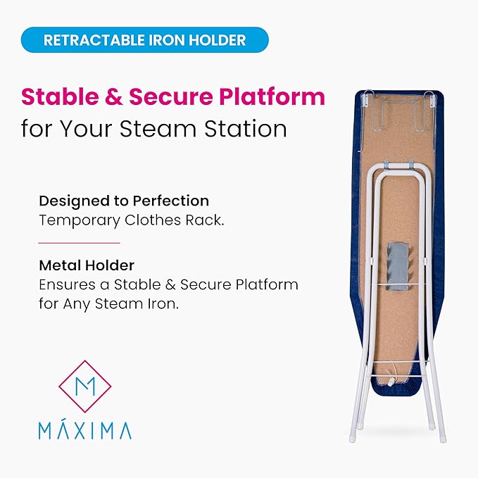 M Maxima | Ironing Board | Size 43x12'' | Retractable Wire Iron Rest | 4 Leg Iron Board | Thick Heavy Padded 4 Layers, Scorch Resistant Foam Cover