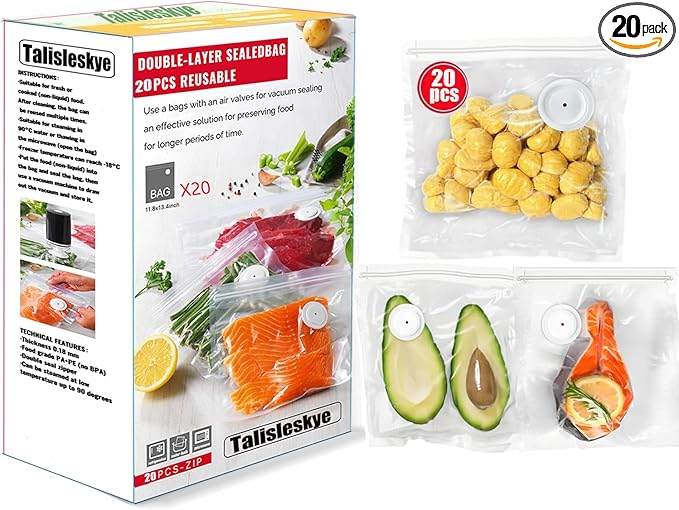 Vacuum sealer bags for food,reusable vacuum seal bags, storage bags vacuum sealed with air valve, double zipper. (13.4 * 11.8inch) 20pcs.