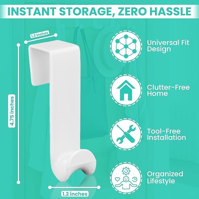 Iconikal 6-Pack Over The Door Hooks Plastic White Valet Hanger for Coats Towels Robes Bags Bathroom Bedroom Closet Organizer No Tools Bulk Pack