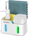 Hand Soap and Dish Soap Dispenser Set for Kitchen, Dual Soap Dispenser with Sponge Holder and Dishcloth Holder 4-in-1 Organizer for Kitchen Sink Countertop, Useful Kitchen Gadgets (White)