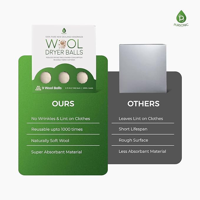 Pursonic Laundry Wool Dryer Balls Made with 100% Pure New Zealand Wool - Natural Reusable Fabric Softener Balls for Drying Time & Energy Consumption - Reduces Clothing Wrinkles & Lint - Set of 9