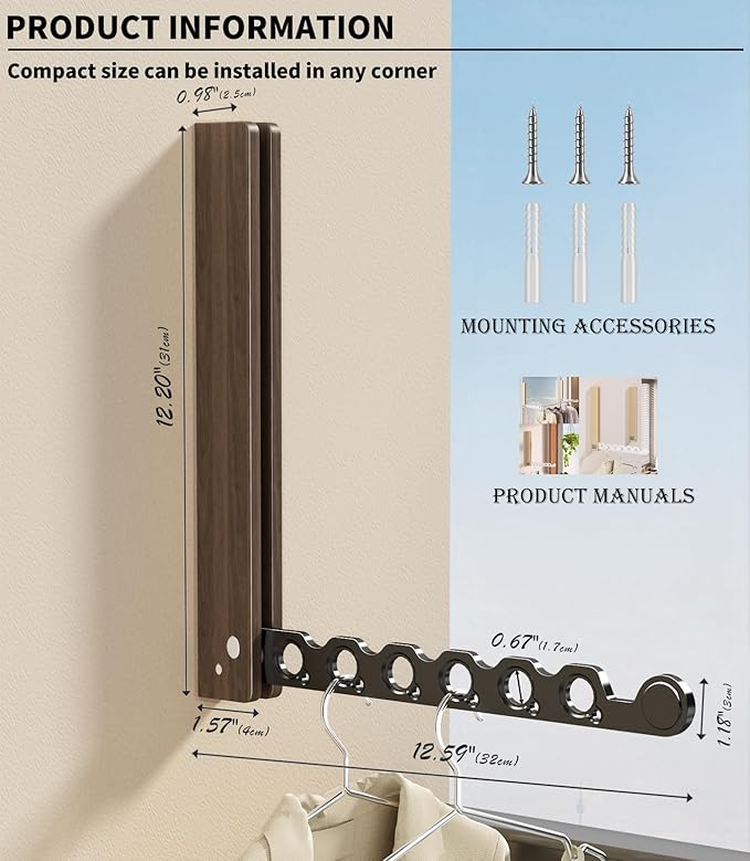 Natural Wood Folding Clothes Hanger Rack for Laundry Room, Wall Mounted Clothes Drying Rack, Laundry Drying Rack Foldable, Perfect for Small Spaces, Walnut Wood Black