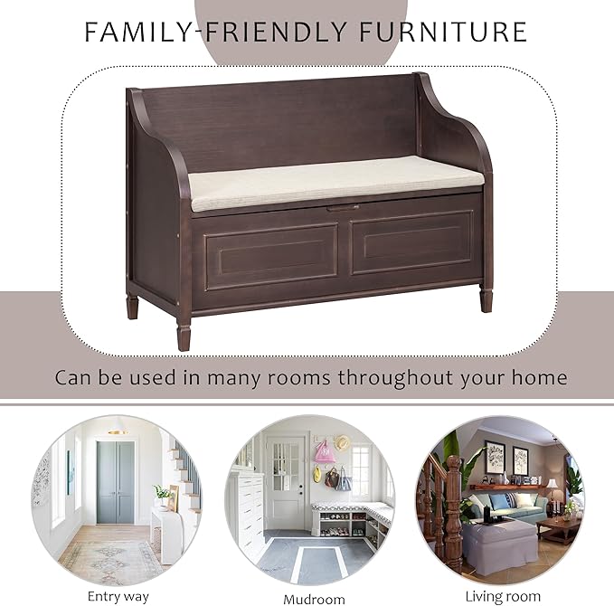 Bellemave Storage Bench with Safety Hinge Wooden Entryway Benches with Shoe Cabinets Under Seat Multifunctional Storage Bench for Entryway, Foyer or a Mudroom (Espresso + Beige)