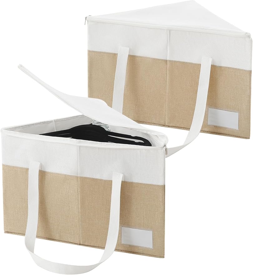 Beveetio 2-Pack Rigid Hanger Organizer Bags with Lid, Triangle Hanger Storage Organizers for Closet, Laundry Room, Wardrobe, Drying Rack, Dustproof Space Saving Holder, Beige & White
