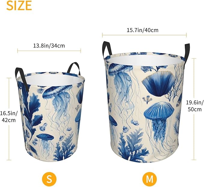 Blue Jellyfish Pattern Laundry Hamper, Collapsible Storage Basket with Handles for Clothes, Bedroom, Bathroom 19.6 x15.7 Inch