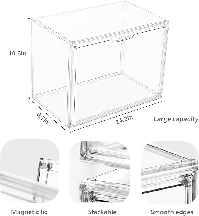 Clear Stackable Plastic Storage Bins with Magnetic Attraction Lid, Acrylic Box Display Case Showcase for Cosmetic, Large Figures Collectibles (4 Pack, X-Large)