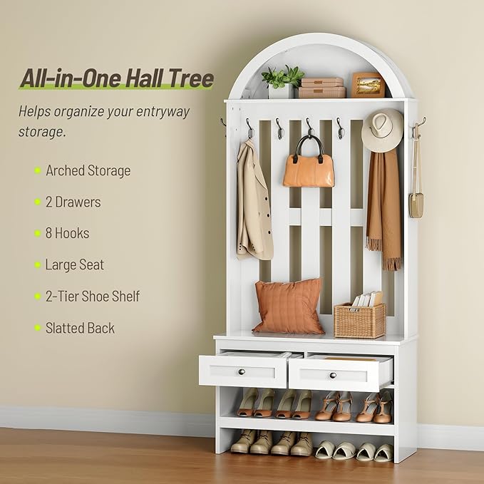 Hall Tree with Bench, Coat and Shoe Rack Entryway, Arched Entryway Organizer with 8 Hooks, Coat Rack with Shoe Bench and 2 Drawers for Hallway, Mudroom, Entryway, White