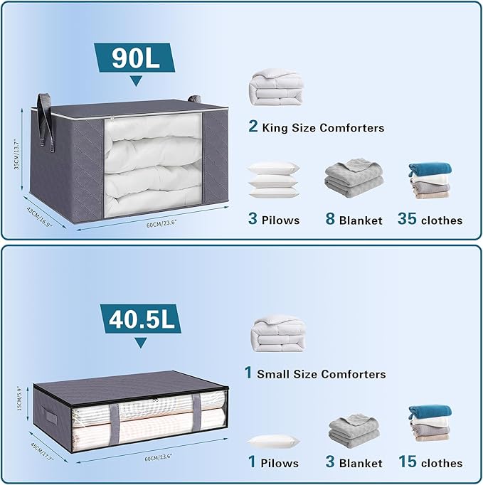 6 Pack 40.5L/90L Closet Organizers Storage Bins With Lids Under Bed Storage Containers Foldable Blanket Storage Bags For Moving, Bedding, Comforters, Sheets, Travel, Blankets