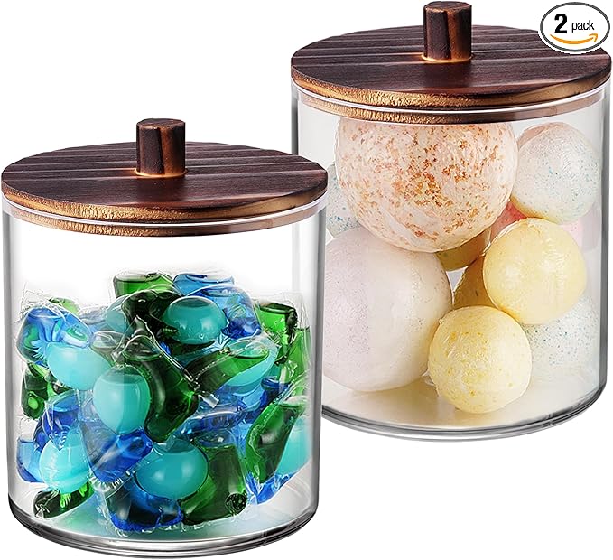 SheeChung 2 Pack 50 Oz Dark Wood Lid Large Apothecary Jar - Rustic Farmhouse Laundry Room Decor - Container for Bathroom Organization - Clear Storage Canister for Scent Beads & Salts