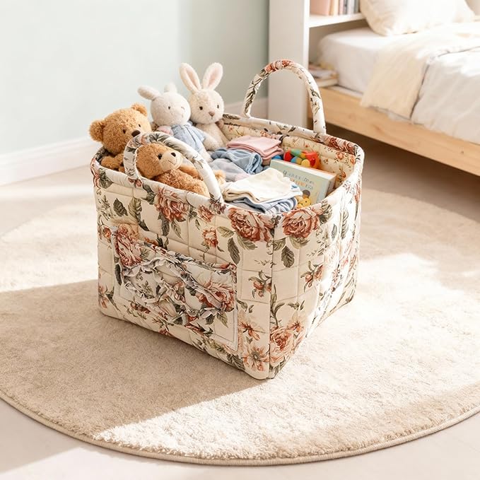 Mo&Cy Fabric Storage Basket with Handle – Collapsible Quilted Boho Floral Organizer for Laundry Room Organization,Clothes Basket,Toy Organizers and Storage,Diaper Caddy Basket(Rustic Rose)