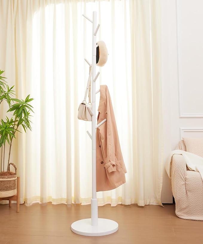 Standing Coat Rack,Wooden Coat Rack Stand with 9 Hooks and 3 Height Adjustable,Beech Wood Tree Coat for Bedroom,Office,Entryway (White)