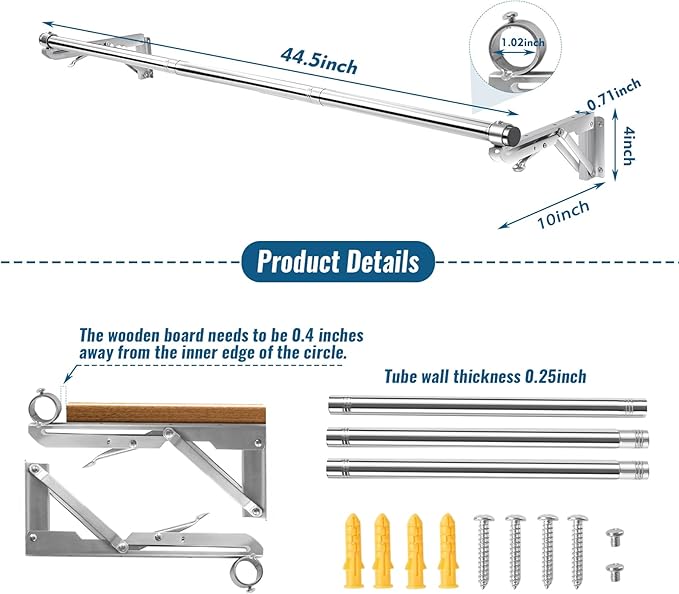 Foldable Wall Mounted Clothes Rack-44'' Long Rod&2 Bases,Stainless Steel, Heavy Duty,Detachable,Multi-Purpose for Space-Saving Garment Rack/Clothes Drying Rack/Plant Hanger,Top Shelf Room Reserved