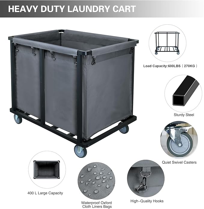 Commercial Laundry Cart with Wheels,600 lbs Commercial Laundry Hamper with Steel Frame and Oxford Cloth Bag,Industrial Laundry Cart for Hotel,Laundry Room 400L(Gray)
