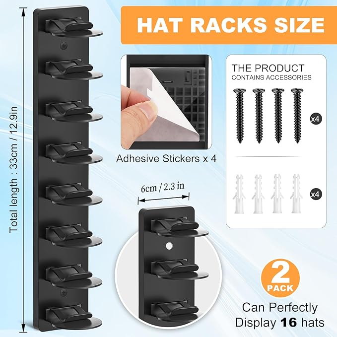 Vocanoe Hat Organizer for Baseball Caps, 2 Pack Hat Rack for Wall Strong Adhesive Hold up to 16 Hats, Multilayer Hat Storage Holder, Wall Mounted Cap Racks for Closet Door and Bedroom