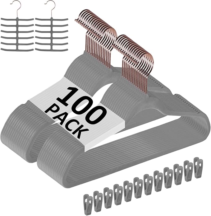VECELO Premium Velvet Clothes Hangers Suit Heavy Duty (100 Pack)-Non Slip & Space-Saving with 12 Finger Clips & 2Tie Rack Excellent for Men and Women,Gray