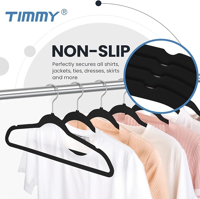 TIMMY Premium Velvet Hangers - Space-Saving Non-Slip Heavy-Duty Black Hangers for Coats, Suits and Sweaters-Closet Organizer-Pack of 50