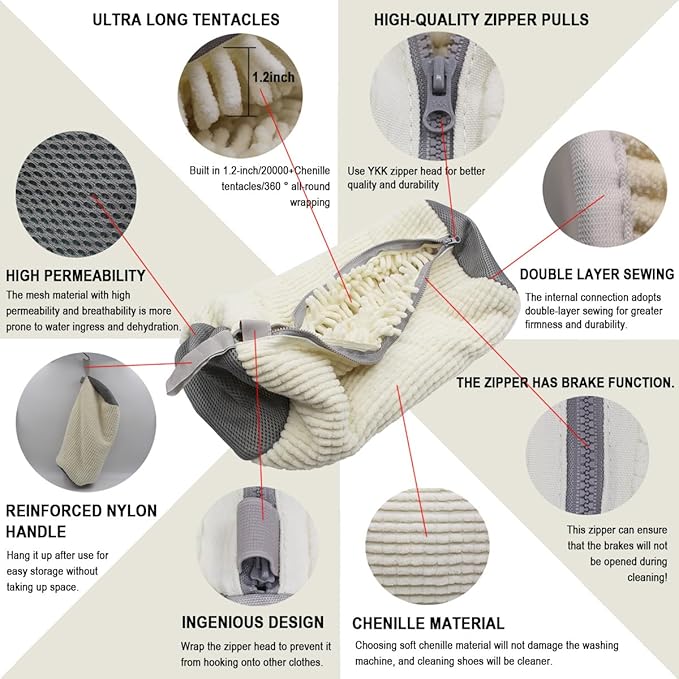Shoe Washing Machine Bag,Mesh Shoe Washing Bag for Washing Machine - Large Size Fits various Shoes, Chenille Fabric Protection, Zipper Laundry Bag for Sneakers (2 Pcs) (Off White)