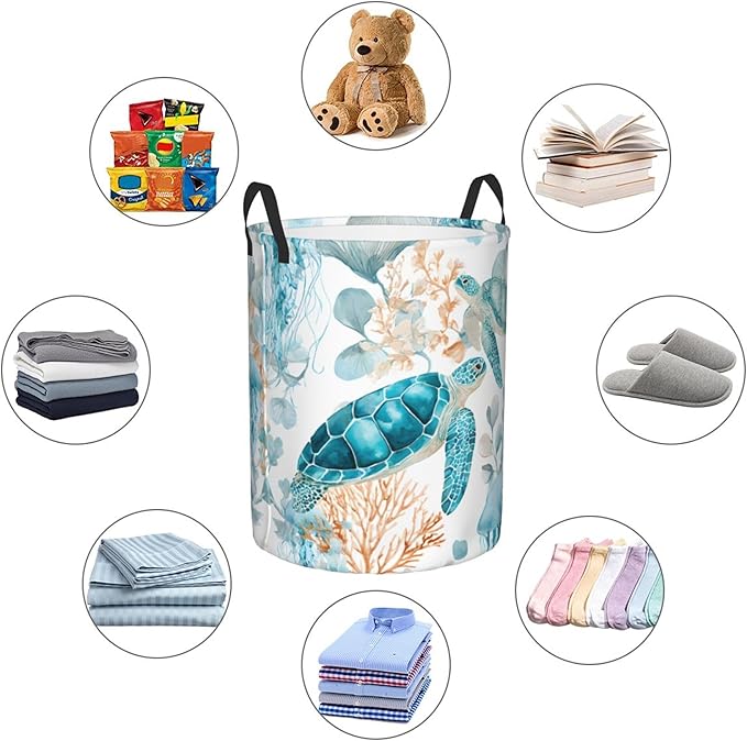 Sea Turtle Ocean Laundry Hamper, Collapsible Storage Basket with Handles for Clothes, Bedroom, Bathroom 19.6 x15.7 Inch