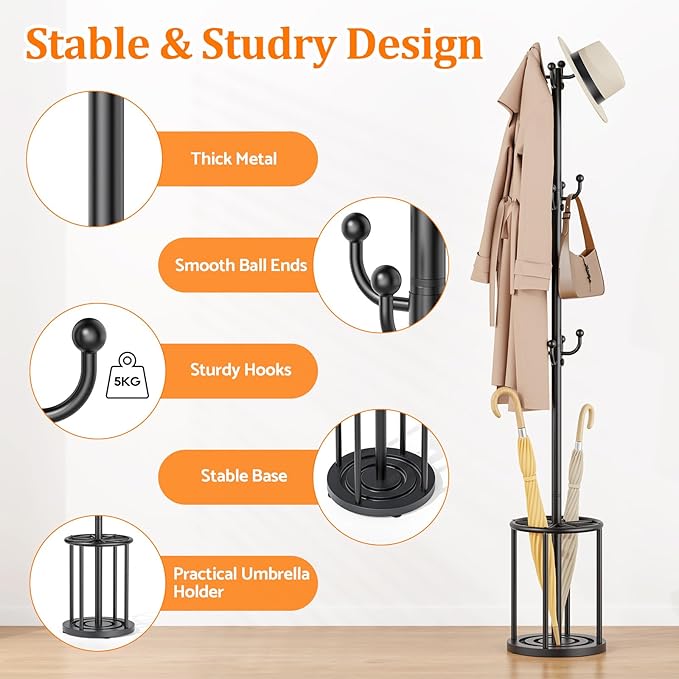 Coat Rack Freestanding, Hat Rack Hall Tree Coat Hanger Umbrella Stand for Entryway, Black Coat Rack with Umbrella Holder, Tree Stand Corner Hall Tree Rack for Hat, Umbrella, Purse, Bag, Clothes