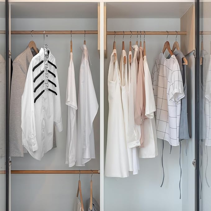 QWORK 4 Pack Clothes Hangers Space Saving, 5 in 1 Multi Layer Metal Hanger Racks for Coat, Suit, Sweater, T-Shirt