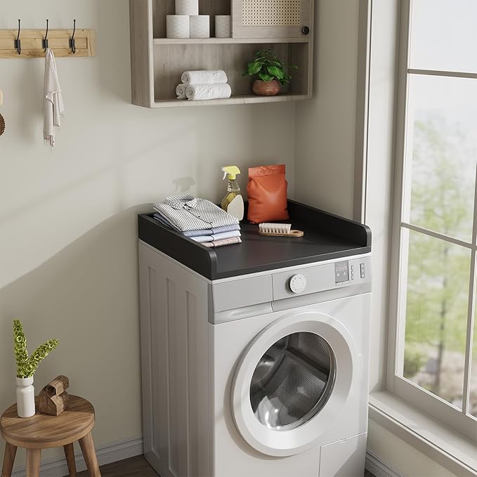 Washer Dryer Countertop, 23.62" D x 23.62" W x 3.15" H, Countertop for Washer and Dryer with Non-Slip Pads and Round Corner Edge Rails, Laundry Room Organization(Black)
