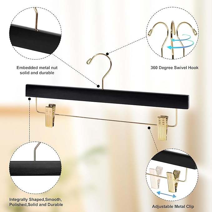 Quality Hangers Wooden Pants Hangers - Multi-Pack Swivel Hook Cloth Hanger Set - Lotus Wood Skirt, Pant, Shorts and Slack Hangers with Adjustable Clip – Clothing Hanger Set (Black - Gold Hook, 100)