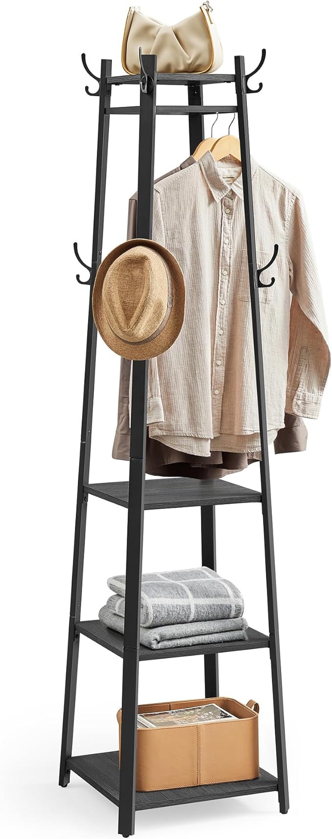 VASAGLE Coat Rack, Coat Stand with 3 Shelves, Hall Tree Free Standing with Hooks for Scarves, Bags, Umbrellas, Steel Frame, Industrial Style, for Entryway, Living Room, Charcoal Gray ULCR080B03
