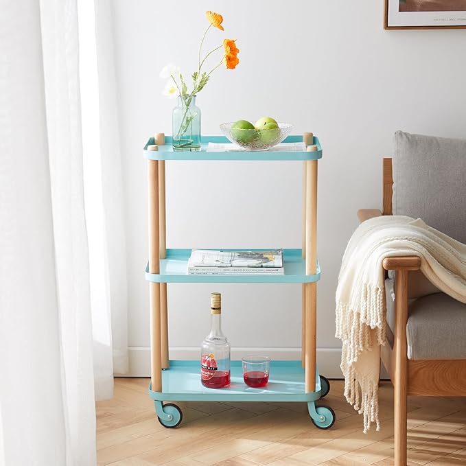 Rolling Storage Cart, 3 Tier Bathroom Organizer Mobile Shelving Unit, Metal Utility Cart Tower Rack with Beech Wood Frame for Kitchen Laundry Narrow Places(13.77"D x 19.68"W x 32.08"H, Blue)