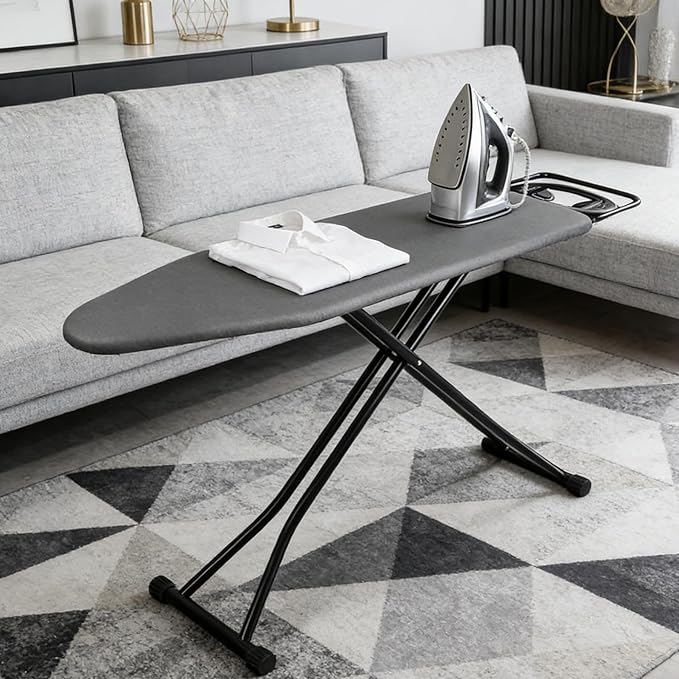 Ironing Board Full Size, Heat Resistant Cover Iron Board with Steam Rest, Ultra Thick Padding, Height Adjustable Heavy Sturdy Metal Frame Legs Ironing Stand,Non-Slip Foldable (54"x13", Round Rest)